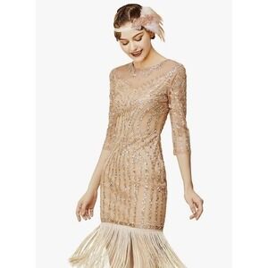 BABEYOND Flapper Dresses 1920s Gatsby Sequin Beaded Fringed Dress Sheer Sleeves